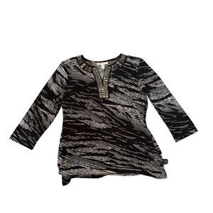 JM‎ Collection Women's M Black Beaded V-Neck 3/4 Sleeve Blouse Casual